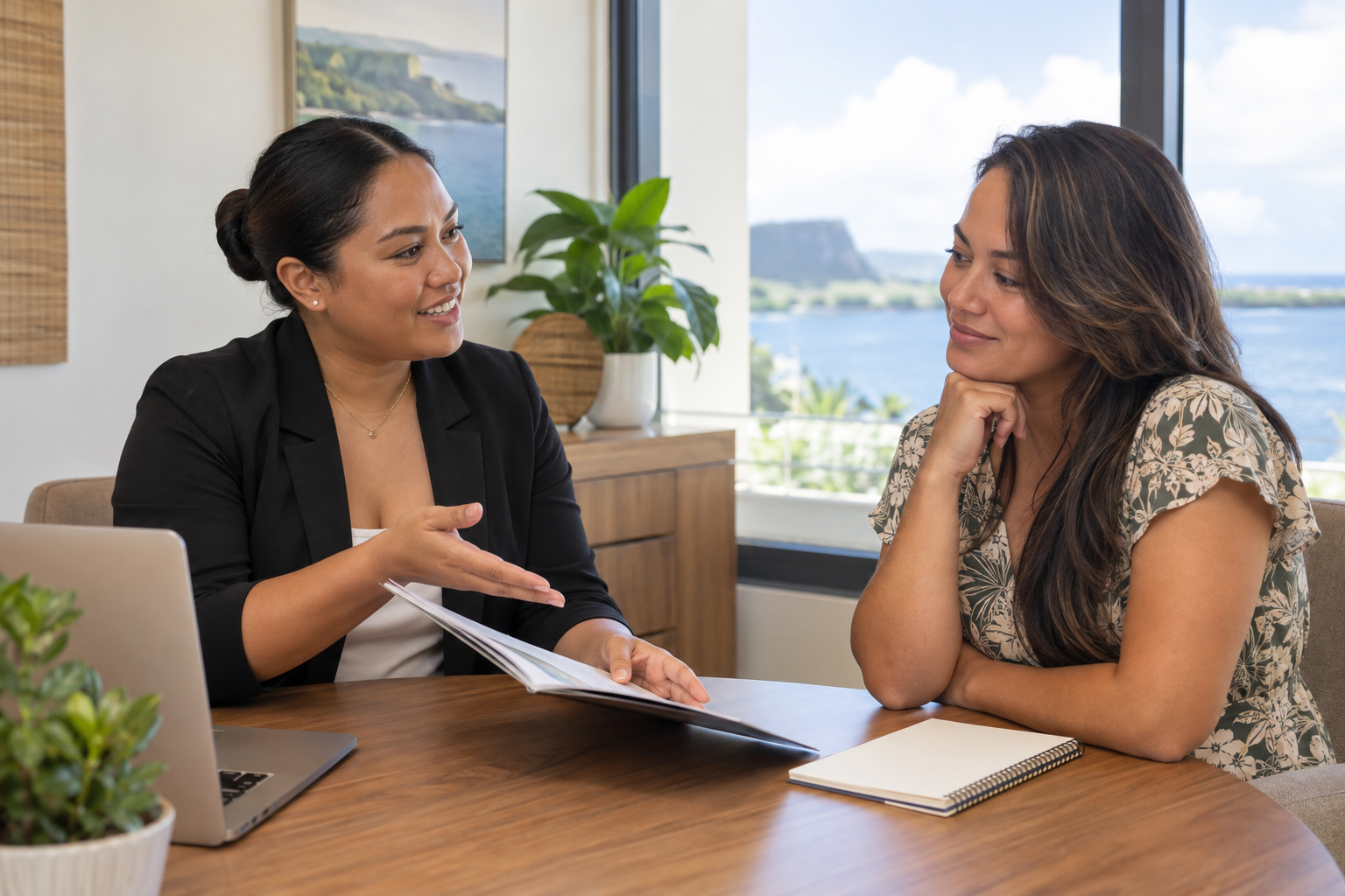 Two women discussing the firearm buying process at a table